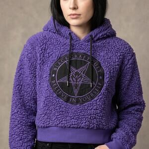 Blackcraft Cult Women's Purple Sherpa Cropped Hoodie Goth Occult Pentagram S
